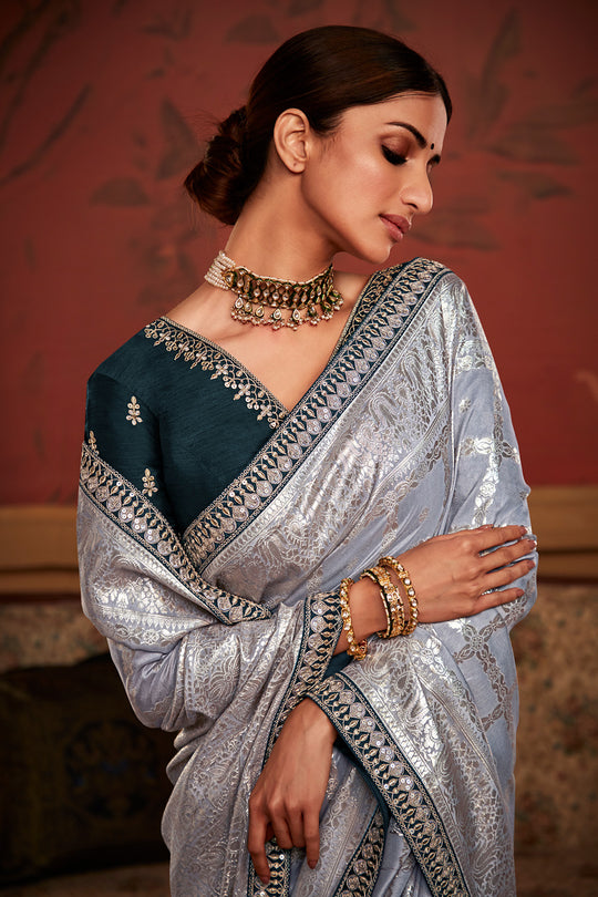 Grey Soft Pure Dola silk Saree With Blouse Piece