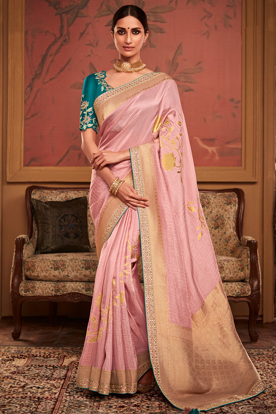 Baby Pink Soft Pure Dola silk Saree With Blouse Piece