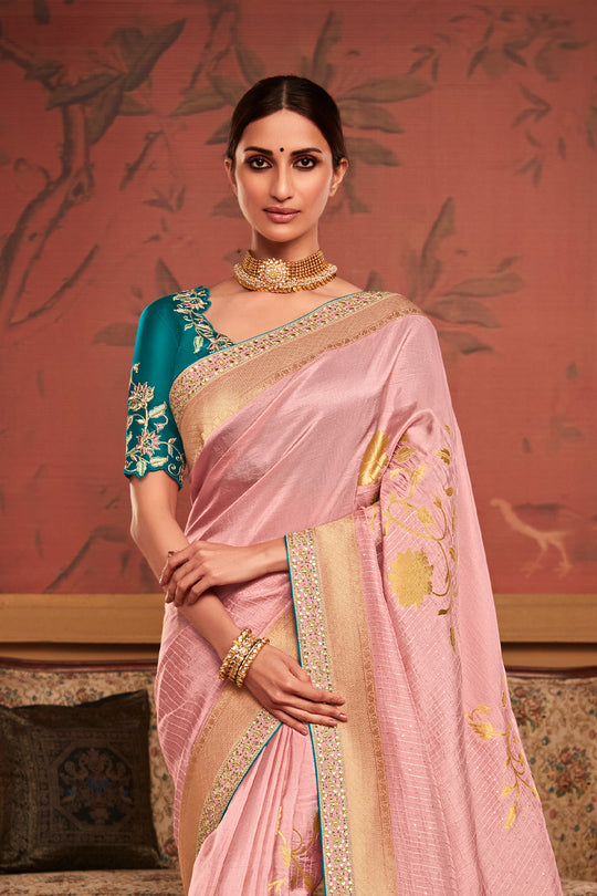 Baby Pink Soft Pure Dola silk Saree With Blouse Piece