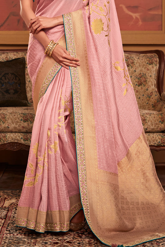 Baby Pink Soft Pure Dola silk Saree With Blouse Piece