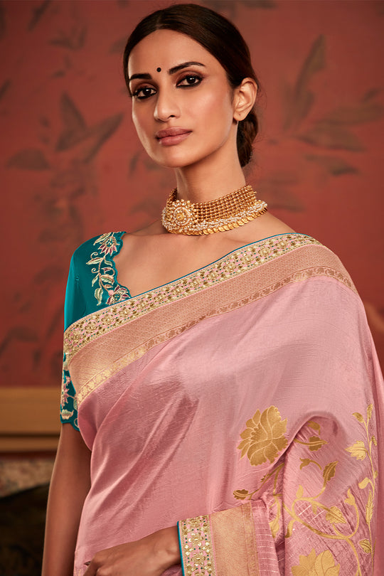 Baby Pink Soft Pure Dola silk Saree With Blouse Piece