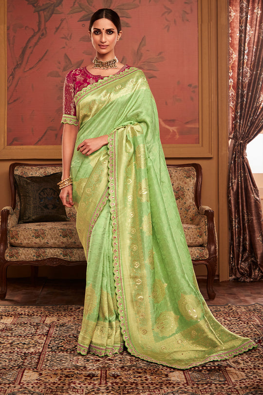 Light Green Soft Pure Dola silk Saree With Blouse Piece