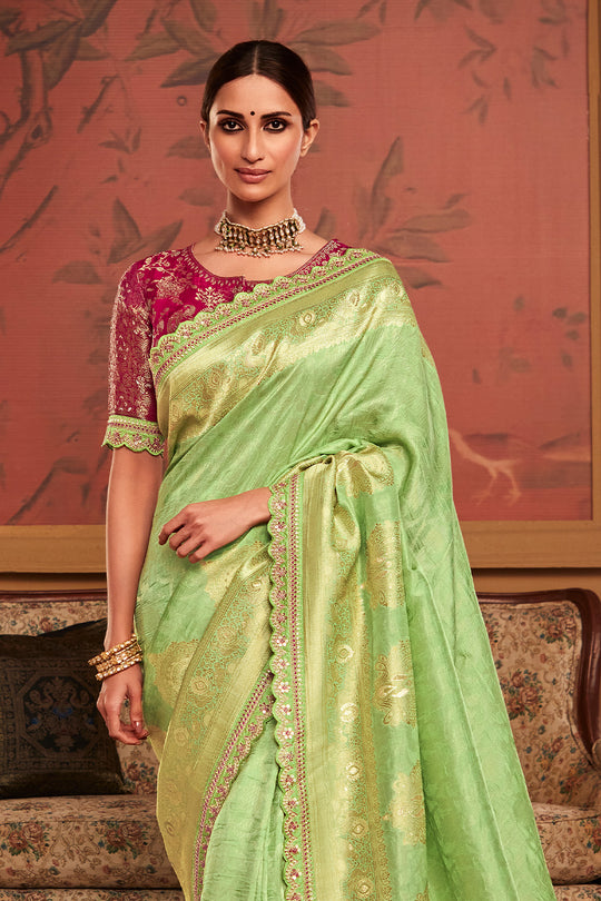 Light Green Soft Pure Dola silk Saree With Blouse Piece