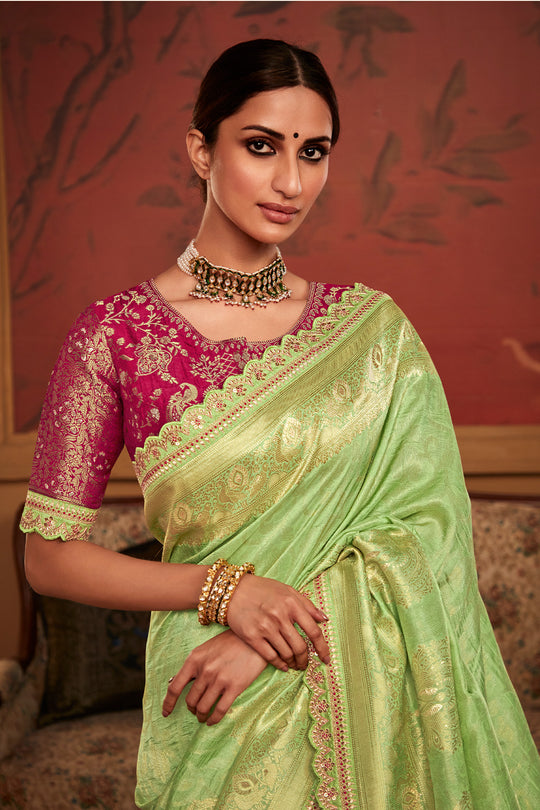 Light Green Soft Pure Dola silk Saree With Blouse Piece