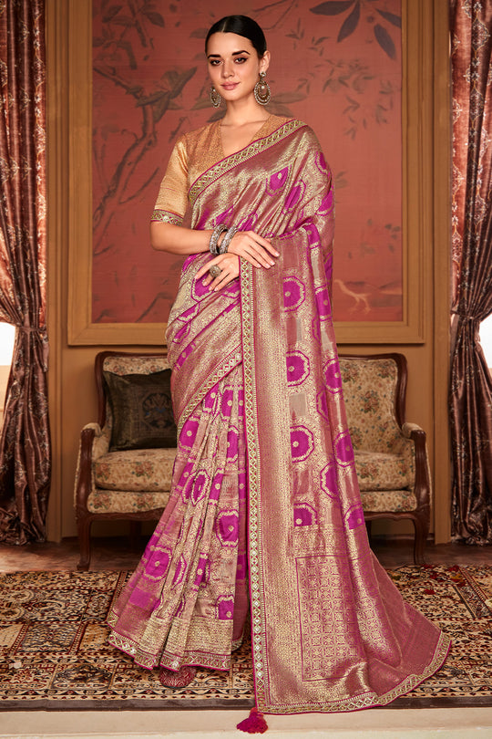Dark Pink & Gold Soft Pure Dola silk Saree With Blouse Piece