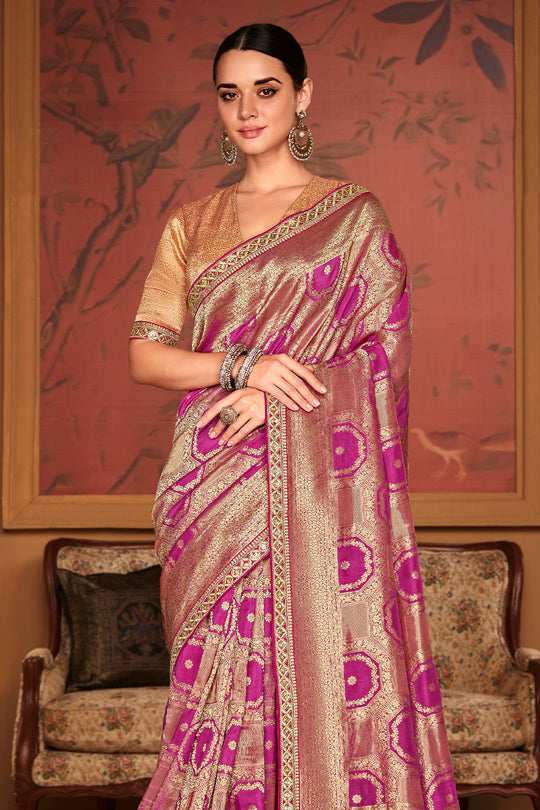 Dark Pink & Gold Soft Pure Dola silk Saree With Blouse Piece