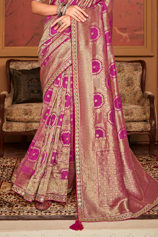 Dark Pink & Gold Soft Pure Dola silk Saree With Blouse Piece