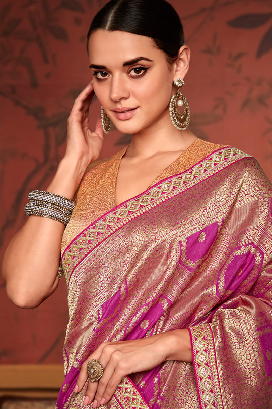 Dark Pink & Gold Soft Pure Dola silk Saree With Blouse Piece