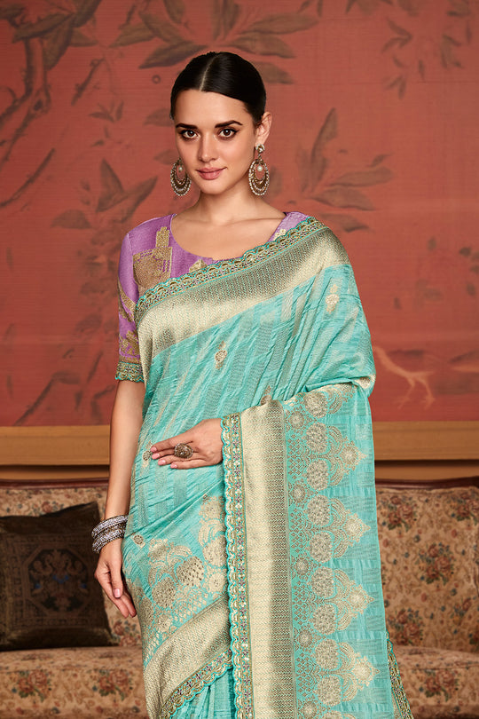Sky Blue Soft Pure Dola silk Saree With Blouse Piece