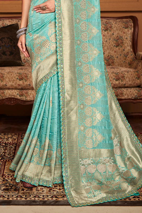 Sky Blue Soft Pure Dola silk Saree With Blouse Piece