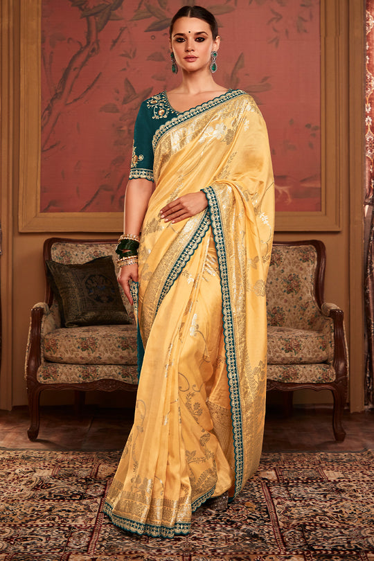 Cream Soft Pure Dola silk Saree With Blouse Piece