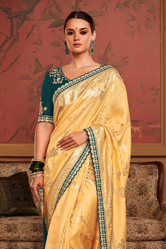 Cream Soft Pure Dola silk Saree With Blouse Piece