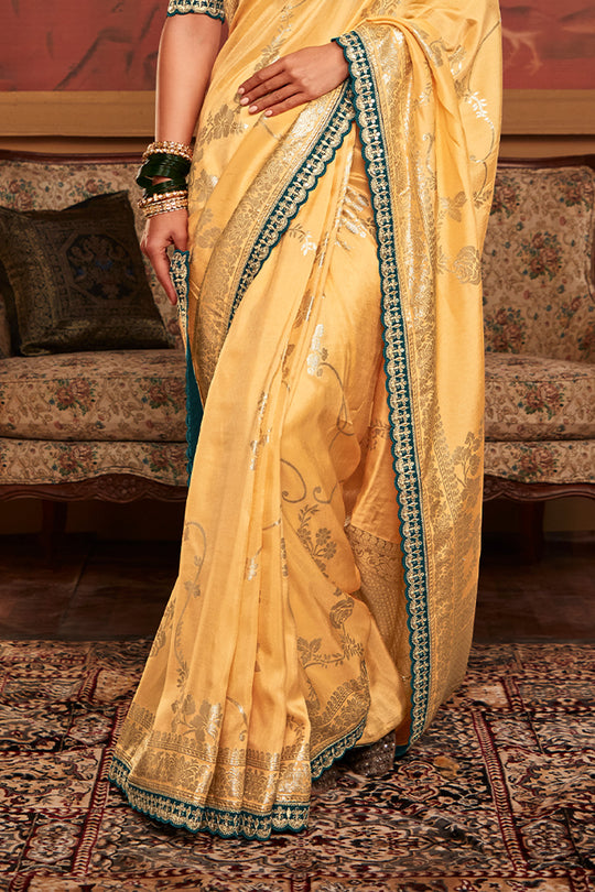 Cream Soft Pure Dola silk Saree With Blouse Piece