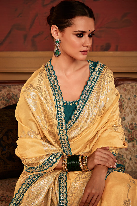 Cream Soft Pure Dola silk Saree With Blouse Piece