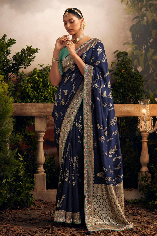 Navy Blue Viscose Dola Silk  Saree With Blouse Piece