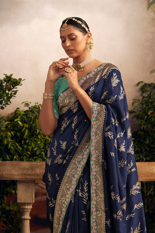 Navy Blue Viscose Dola Silk  Saree With Blouse Piece