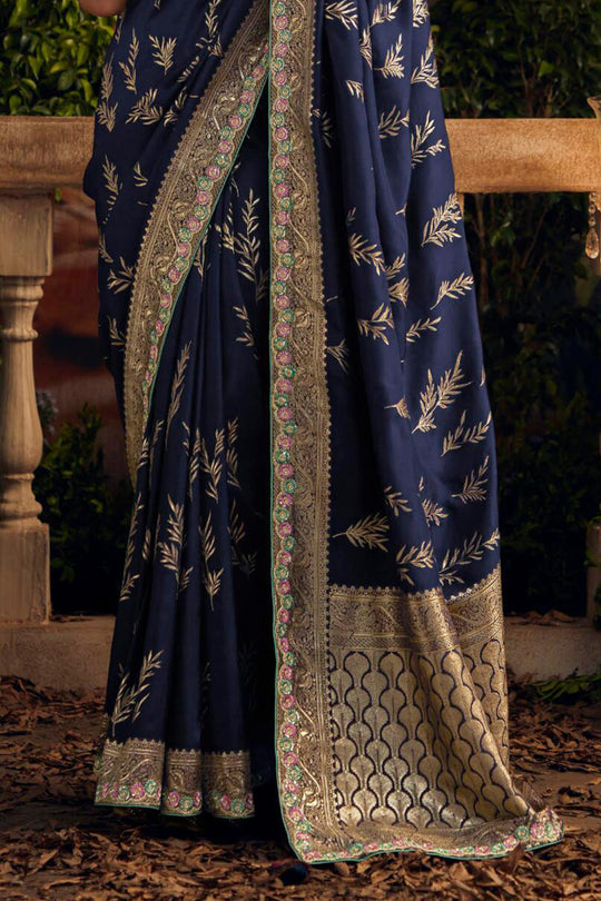 Navy Blue Viscose Dola Silk  Saree With Blouse Piece