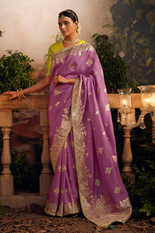 Violet Viscose Dola Silk  Saree With Blouse Piece