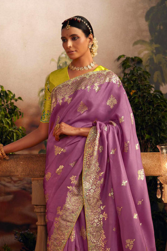 Violet Viscose Dola Silk  Saree With Blouse Piece