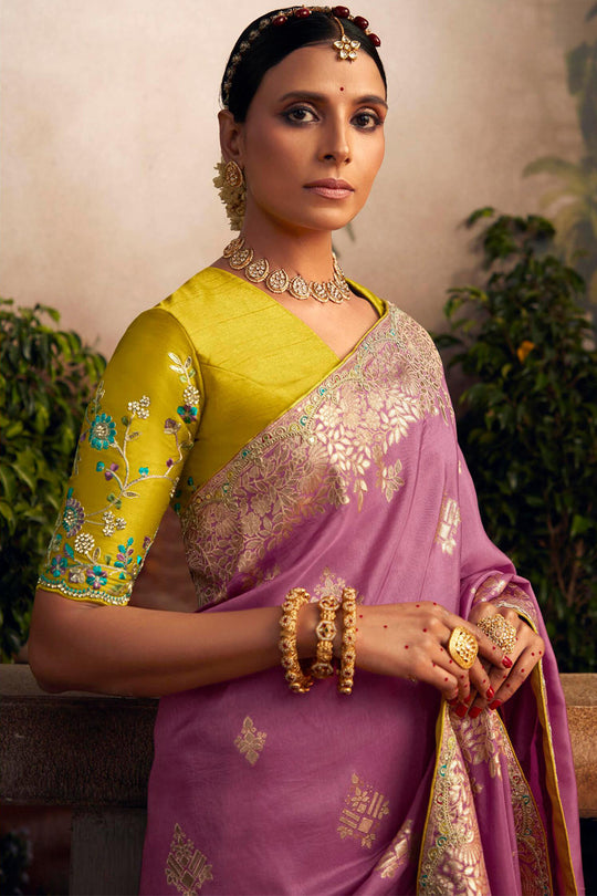 Violet Viscose Dola Silk  Saree With Blouse Piece