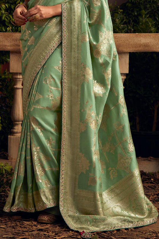 Mint Green Viscose Dola Silk  Saree With Blouse Piece
