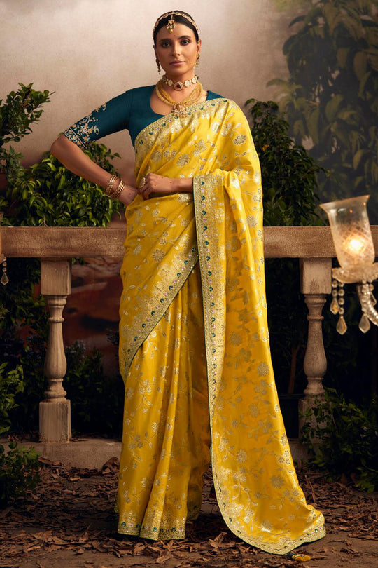 Yellow Viscose Dola Silk  Saree With Blouse Piece