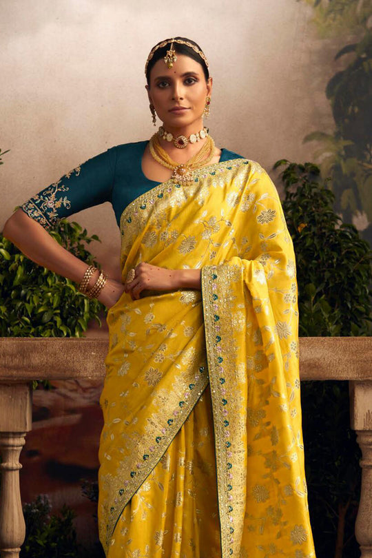 Yellow Viscose Dola Silk  Saree With Blouse Piece