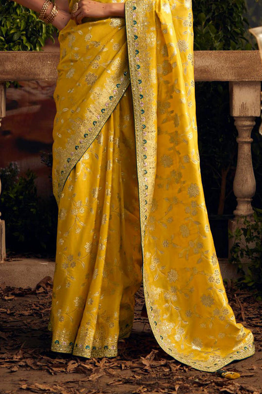 Yellow Viscose Dola Silk  Saree With Blouse Piece