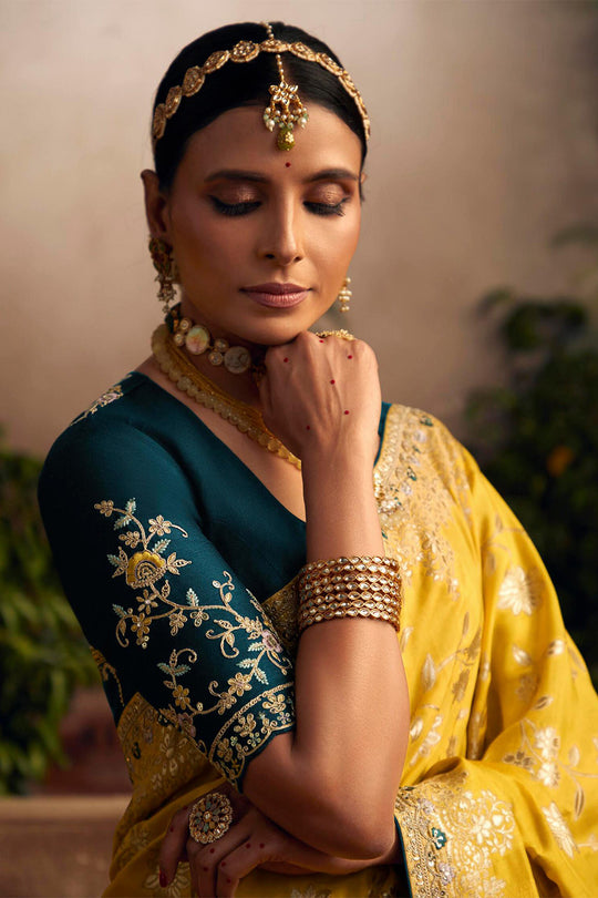 Yellow Viscose Dola Silk  Saree With Blouse Piece