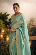 Sky Blue Viscose Dola Silk  Saree With Blouse Piece
