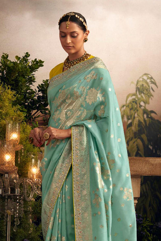 Sky Blue Viscose Dola Silk  Saree With Blouse Piece