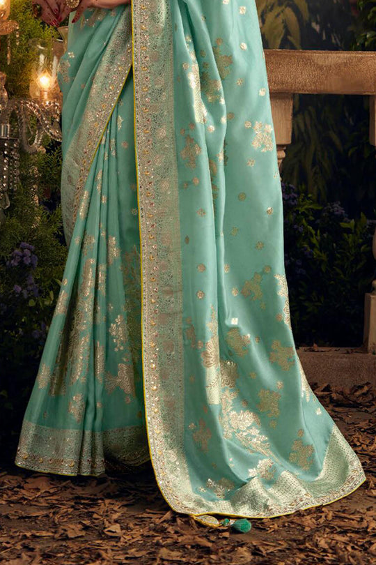 Sky Blue Viscose Dola Silk  Saree With Blouse Piece