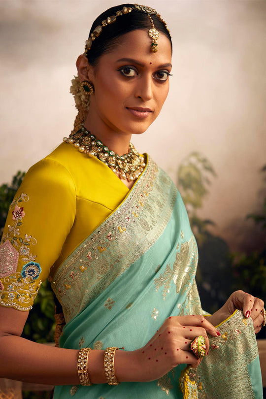 Sky Blue Viscose Dola Silk  Saree With Blouse Piece