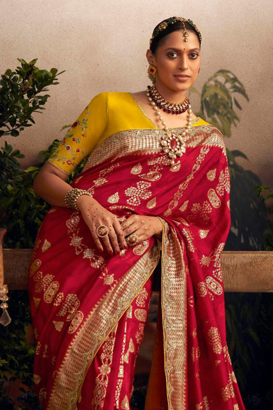 Red Viscose Dola Silk  Saree With Blouse Piece