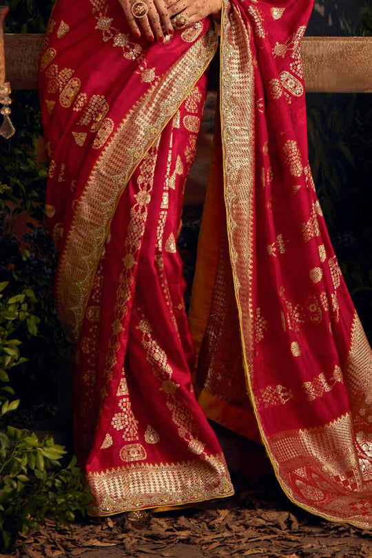 Red Viscose Dola Silk  Saree With Blouse Piece