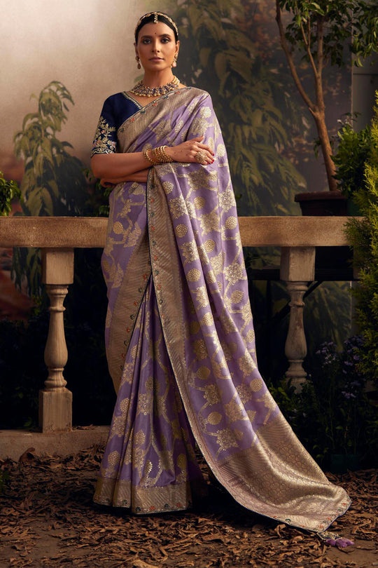 Lavender Viscose Dola Silk  Saree With Blouse Piece