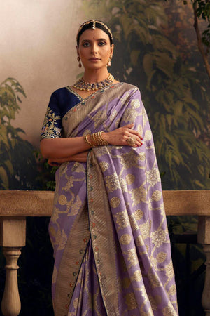 Lavender Viscose Dola Silk  Saree With Blouse Piece