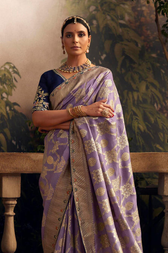 Lavender Viscose Dola Silk  Saree With Blouse Piece