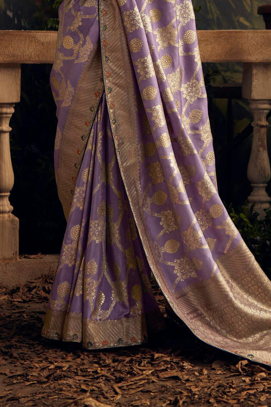 Lavender Viscose Dola Silk  Saree With Blouse Piece