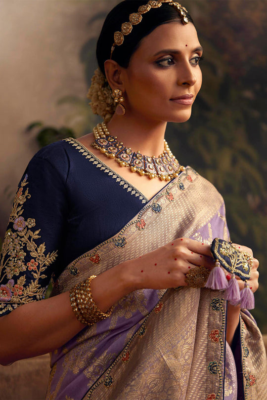 Lavender Viscose Dola Silk  Saree With Blouse Piece