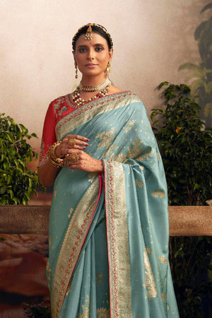Sky Blue Viscose Dola Silk  Saree With Blouse Piece