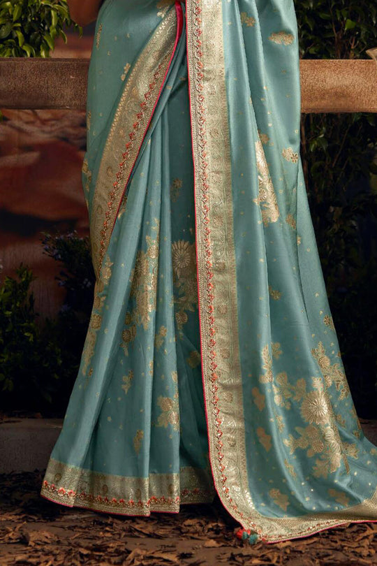 Sky Blue Viscose Dola Silk  Saree With Blouse Piece