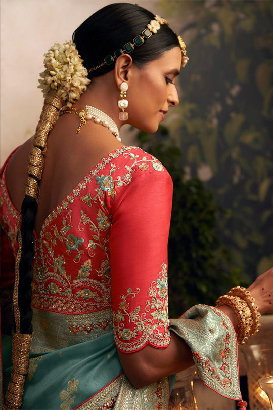 Sky Blue Viscose Dola Silk  Saree With Blouse Piece