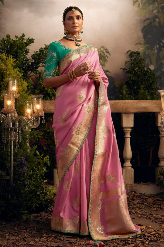 Pink Viscose Dola Silk  Saree With Blouse Piece