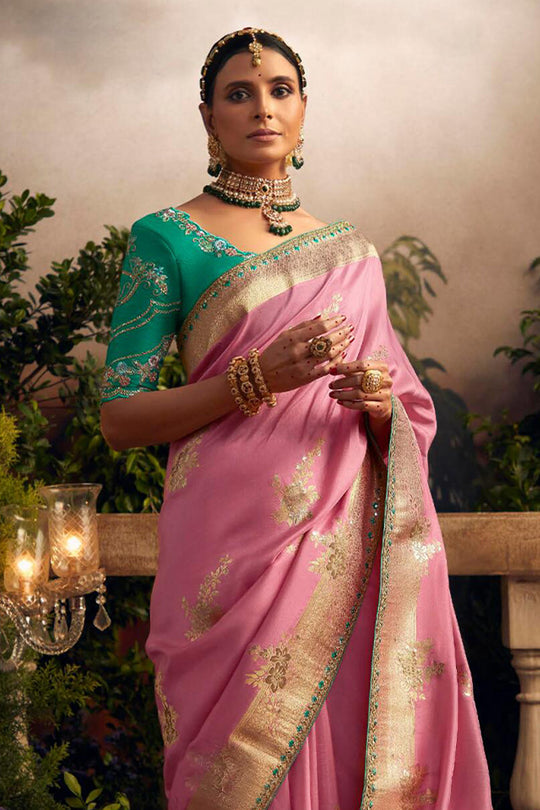 Pink Viscose Dola Silk  Saree With Blouse Piece