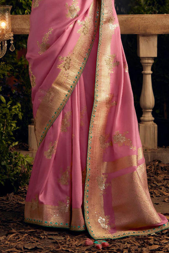 Pink Viscose Dola Silk  Saree With Blouse Piece