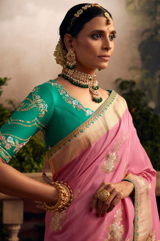 Pink Viscose Dola Silk  Saree With Blouse Piece