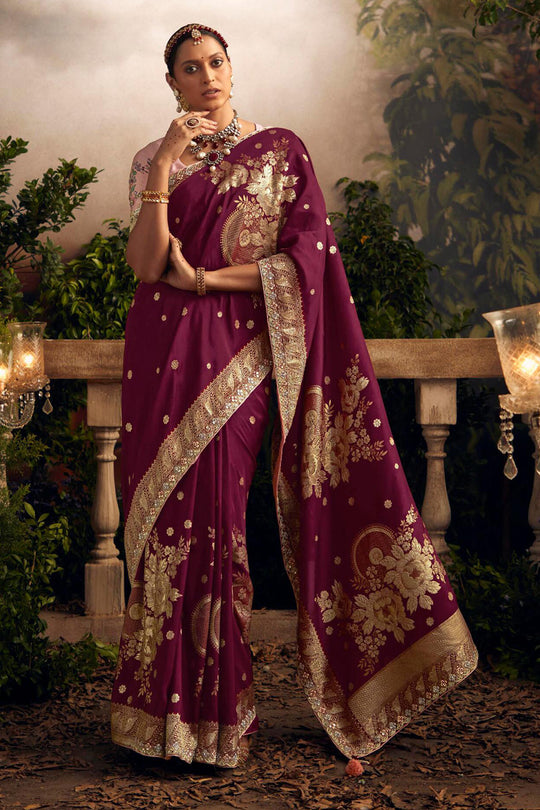 Wine Purple Viscose Dola Silk  Saree With Blouse Piece