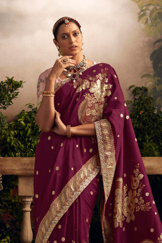 Wine Purple Viscose Dola Silk  Saree With Blouse Piece