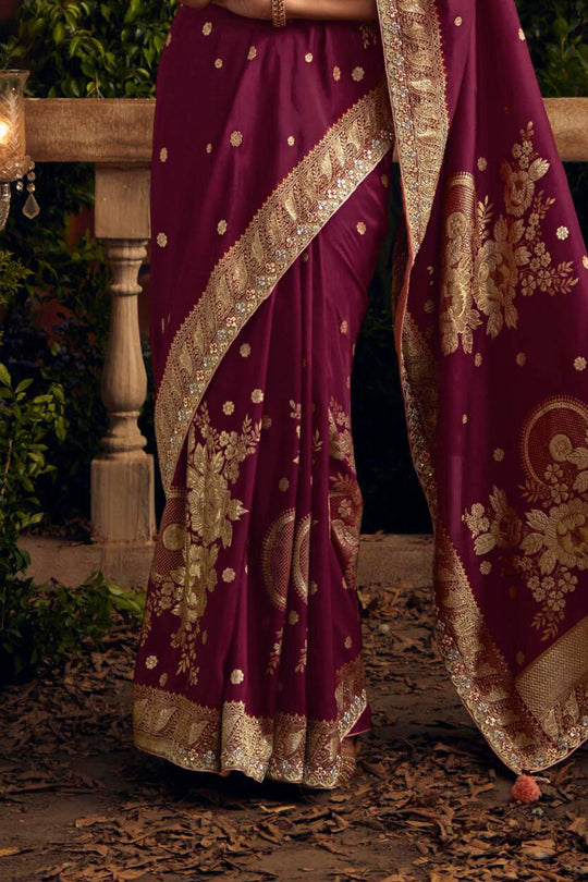 Wine Purple Viscose Dola Silk  Saree With Blouse Piece